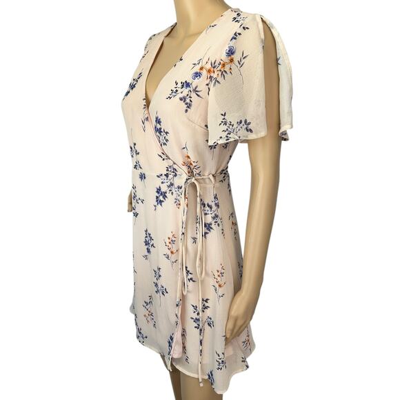 Lulus Fowler Blush Pink Floral Print Wrap Dress Size S Flutter Split Sleeve - Picture 7 of 13